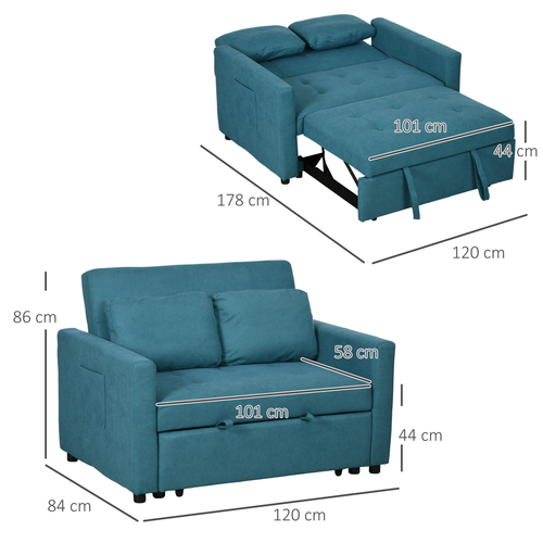 2-in-1 Sofa Bed: Stylish Comfort with Cushions & Pockets - Blue